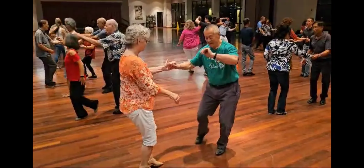Dancers on the Palladium wood ballroom floor during open dancing